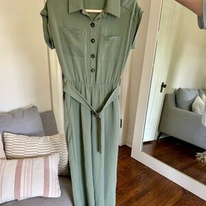 Green Button-Up Jumpsuit with Belt